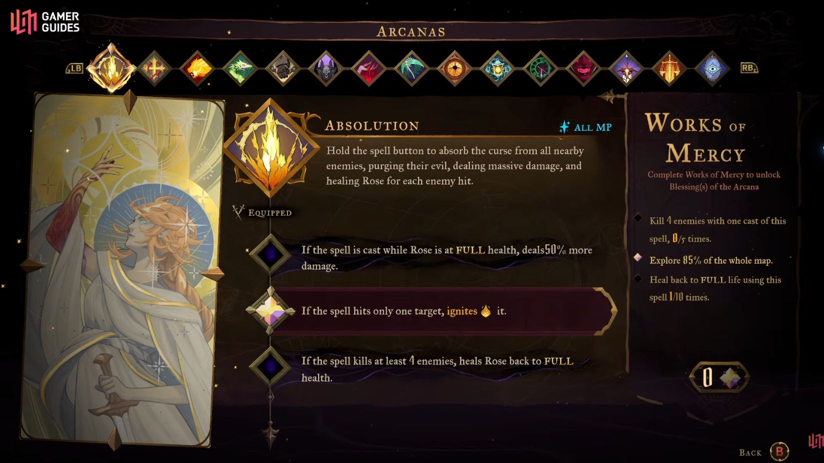 Absolution Arcana menu showing Gifts in the center and Works of Mercy on the right