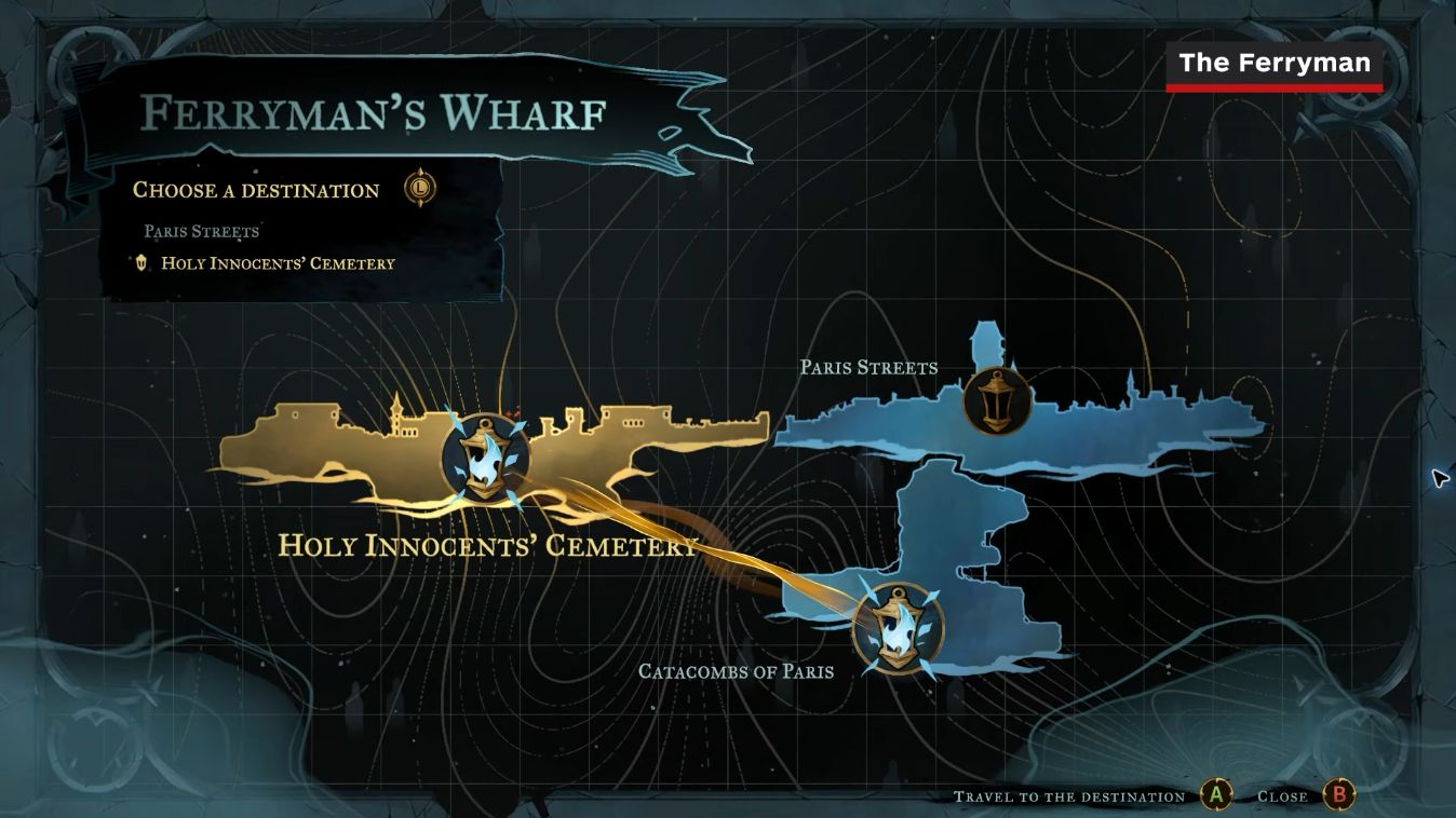 Early Ferryman destination map labeling Paris Streets, Holy Innocents Cemetery and Catacombs of Paris