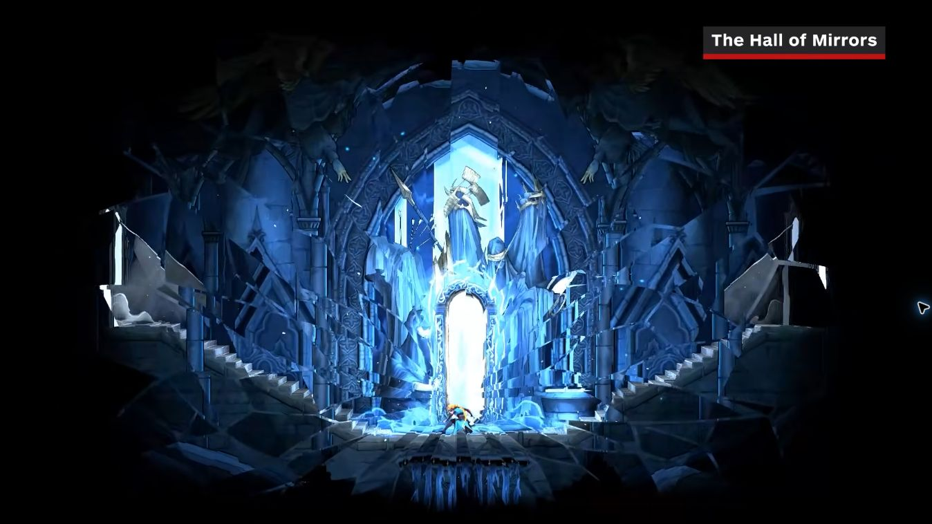 Rose crouching before the illuminated central mirror in the Hall of Mirrors